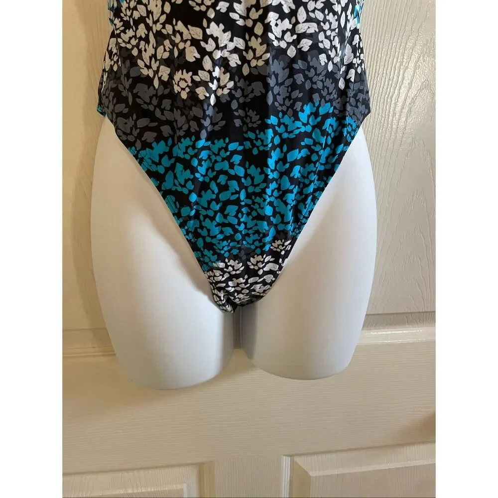 Icon Swim Medium One Piece Bikini Plunge Neck Halter Open Back Blue